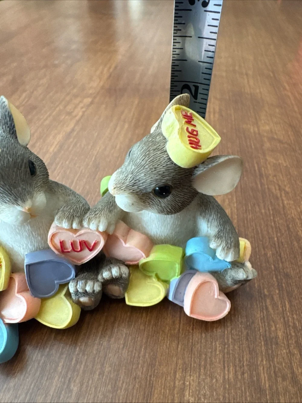 Valentine Mouse Couple Figurine in Gray and Pastel Hearts